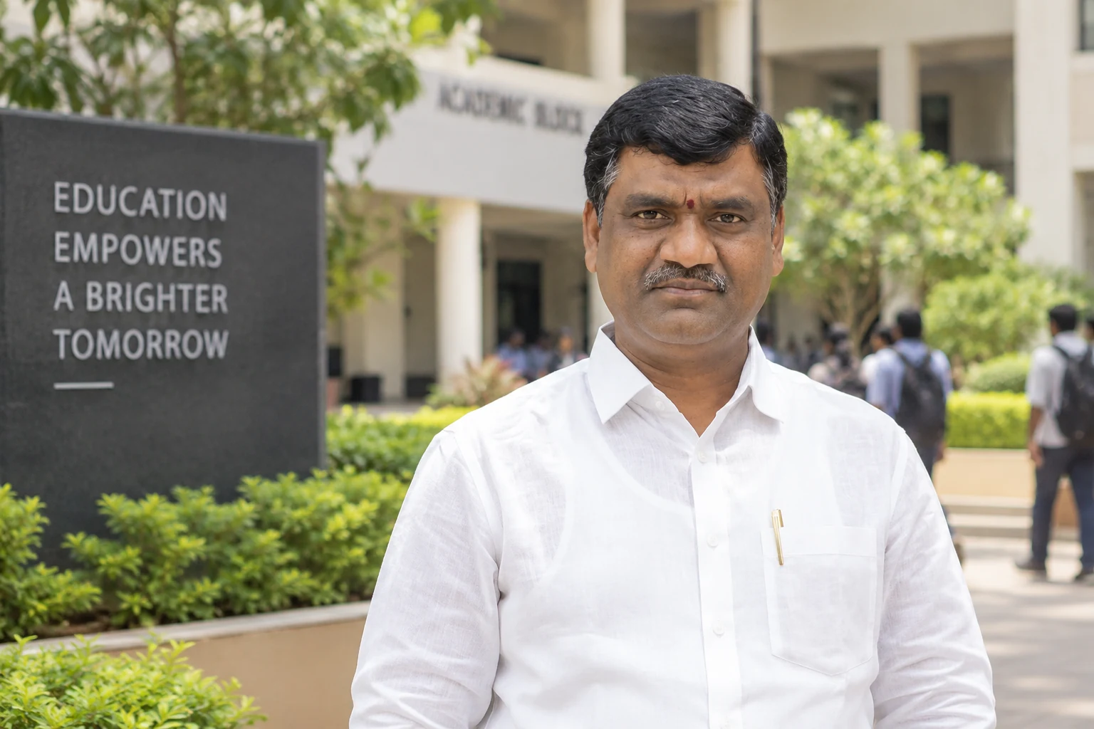 కళాశాల ప్రాంగణంలో, "విద్య ఒక ప్రకాశవంతమైన రేపటికి సాధికారత కల్పిస్తుంది" అనే బోర్డు పక్కన గౌరి సతీష్