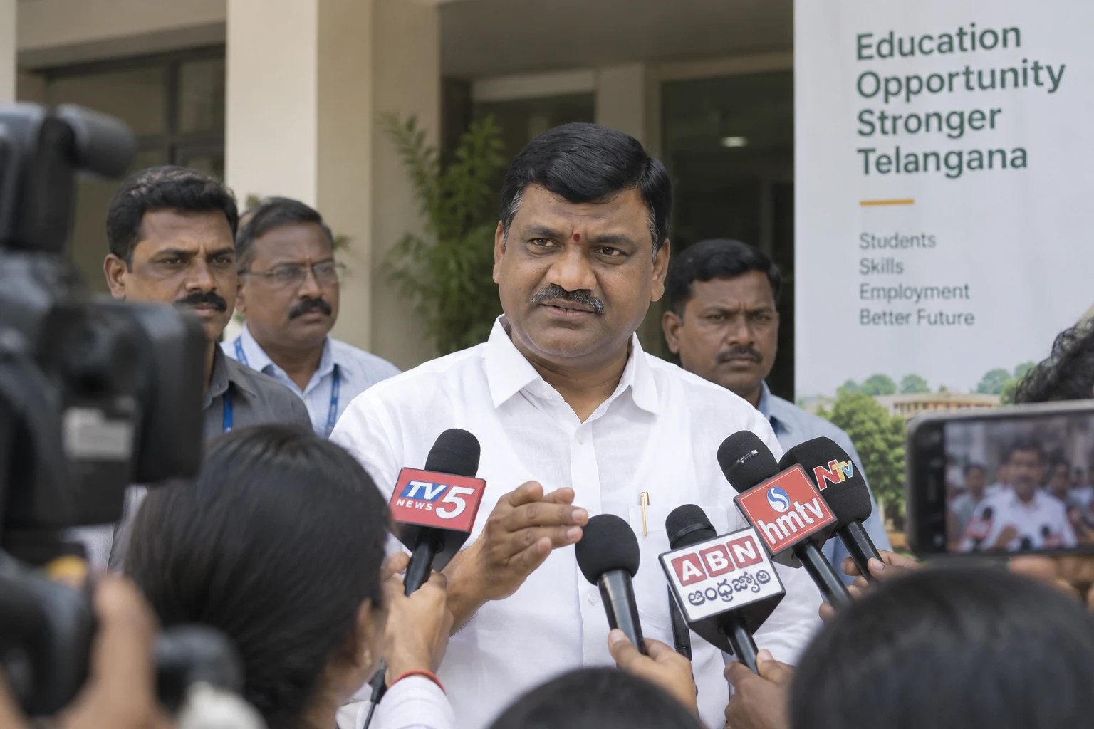 సహచరులతో కలిసి ప్రెస్ ఇంటర్వ్యూ ఇస్తున్న గౌరి సతీష్