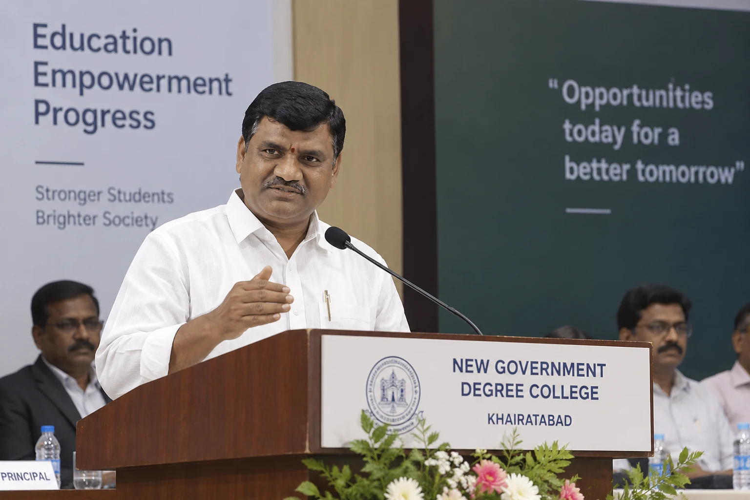 న్యూ గవర్నమెంట్ డిగ్రీ కాలేజ్, ఖైరతాబాద్‌లో వేదిక నుండి మాట్లాడుతున్న గౌరి సతీష్