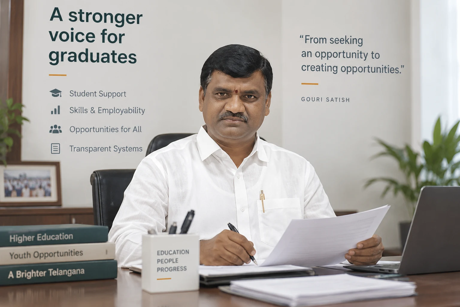 Gouri Satish at his desk, with "A stronger voice for graduates" and his priorities on the wall behind him